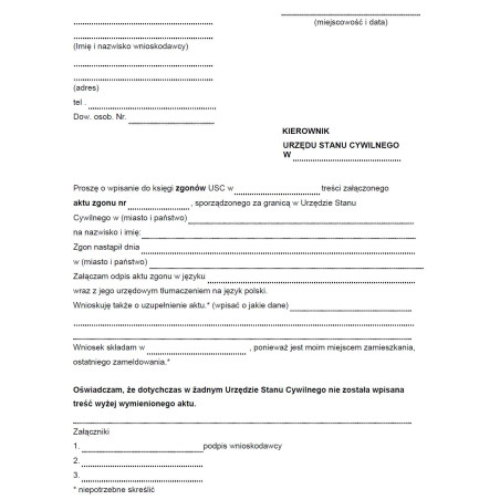 Wniosek o wpisanie do księgi zgonów aktu zgonu sporządzonego za granicą