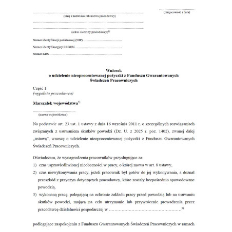 Wniosek o udzielenie nieoprocentowanej pożyczki z Funduszu Gwarantowanych Świadczeń Pracowniczych