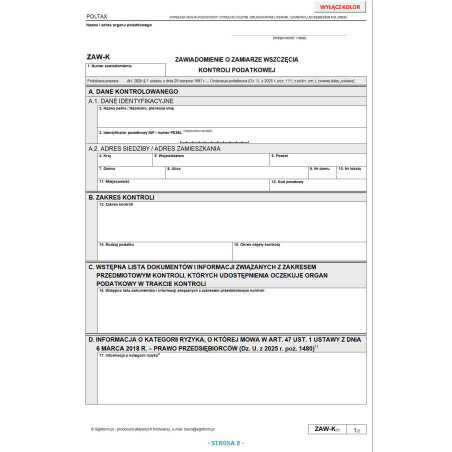 ZAW-K (5) Zawiadomienie o zamiarze wszczęcia kontroli podatkowej