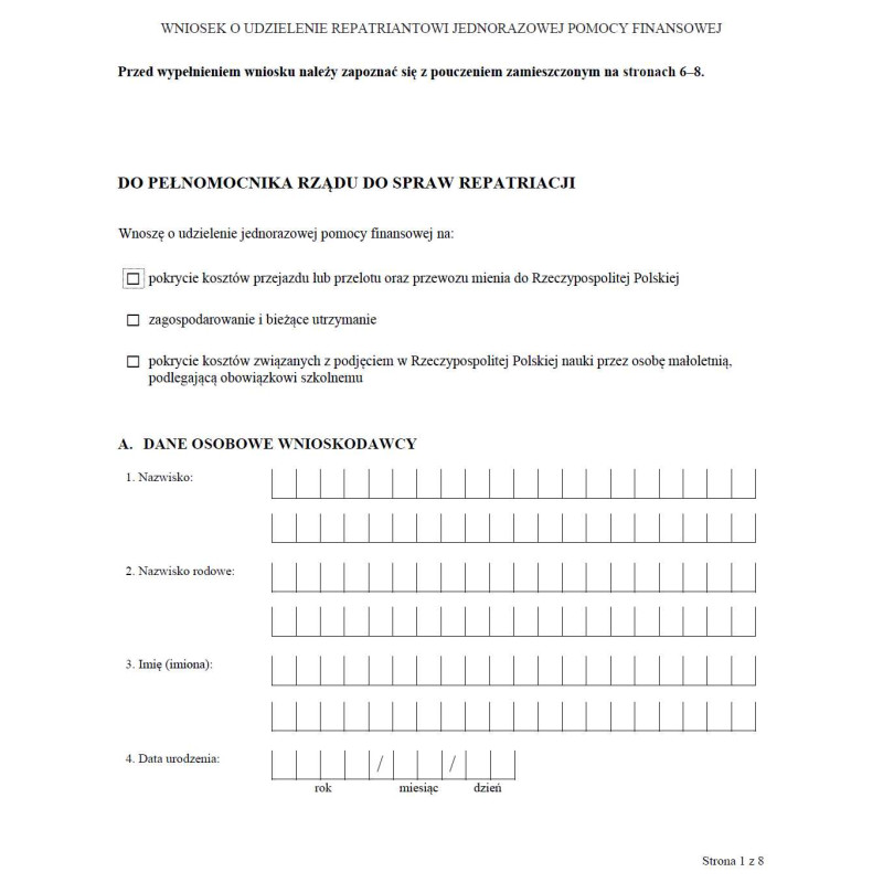 Wniosek o udzielenie repatriantowi jednorazowej pomocy finansowej