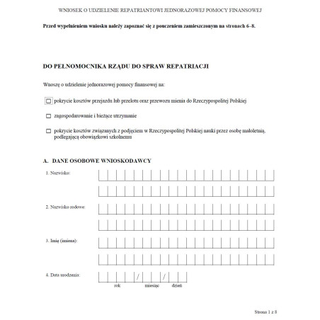 Wniosek o udzielenie repatriantowi jednorazowej pomocy finansowej