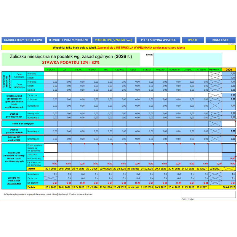 Kalkulator podatkowy - Zaliczka miesięczna / kwartalna na podatek według zasad ogólnych 2026 r. (skala podatkowa)