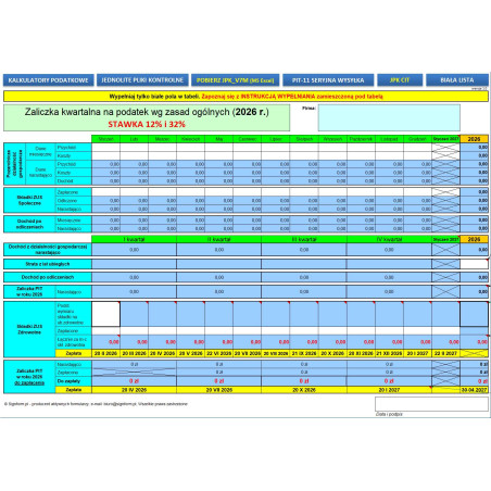 Kalkulator podatkowy - Zaliczka miesięczna / kwartalna na podatek według zasad ogólnych 2026 r. (skala podatkowa)
