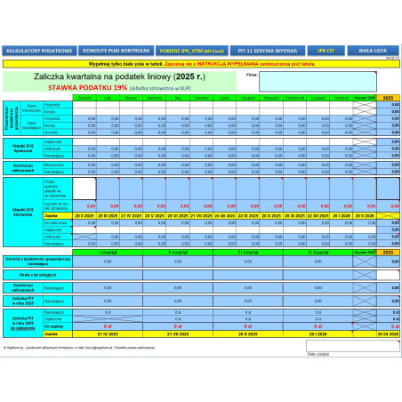 Zaliczka miesięczna / kwartalna na podatek według podatku liniowego 2025 r. (stawka 19%)