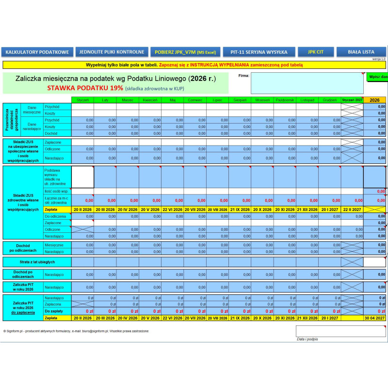 Kalkulator podatkowy - Zaliczka miesięczna / kwartalna na podatek liniowy 2026 (stawka 19%)