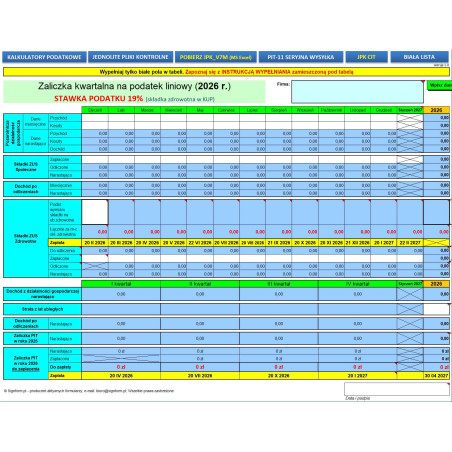 Kalkulator podatkowy - Zaliczka miesięczna / kwartalna na podatek liniowy 2025 (stawka 19%)
