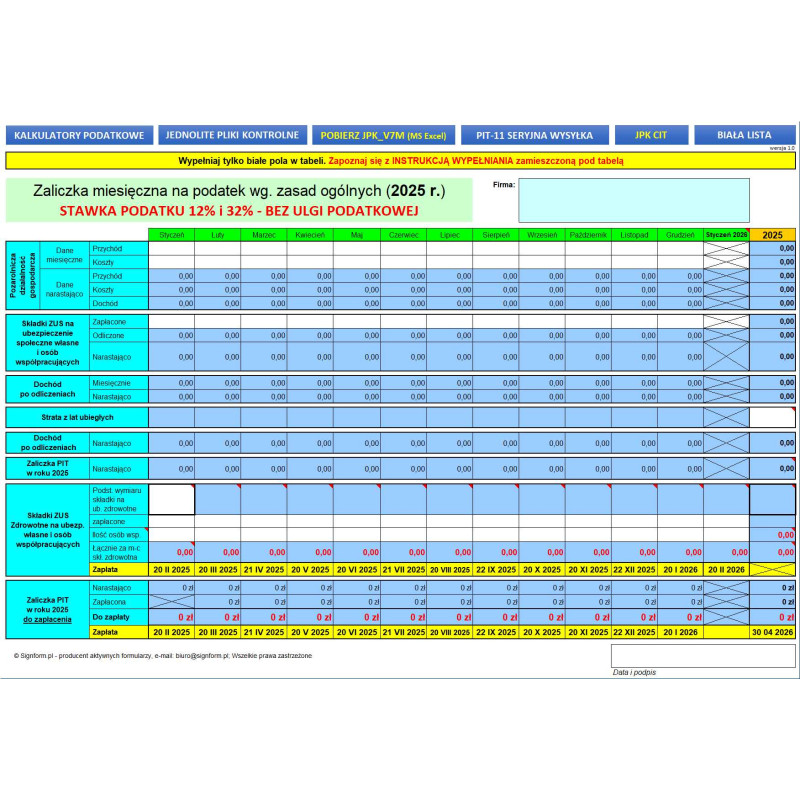 Zaliczka miesięczna / kwartalna na podatek według zasad ogólnych 2025 r. - Nie uwzględnia ulgi podatkowej (kwoty wolnej od podatku)