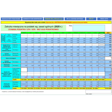 Kalkulator zaliczka MIESIĘCZNA na podatek 2025 - BEZ KWOTY WOLNEJ