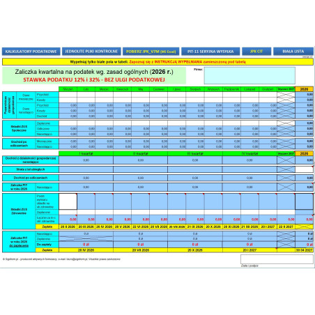 Kalkulator podatkowy - Zaliczka miesięczna / kwartalna na podatek według zasad ogólnych BEZ KWOTY WOLNEJ OD PODATKU 2026 r. (skala podatkowa)