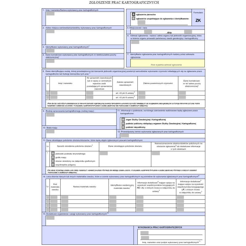 Zgłoszenie prac kartograficznych (Formularz ZK)