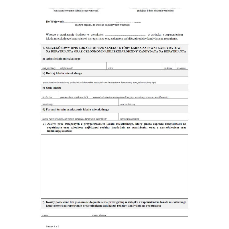 Wniosek o udzielenie dotacji gminie, która zapewni lokal mieszkalny kandydatowi na repatrianta oraz członkom najbliższej rodziny kandydata na repatrianta