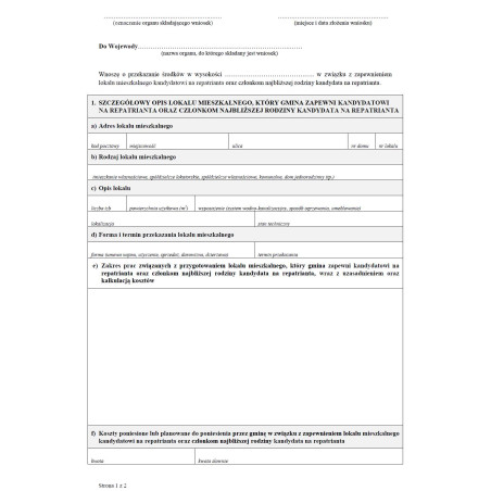 Wniosek o udzielenie dotacji gminie, która zapewni lokal mieszkalny kandydatowi na repatrianta oraz członkom najbliższej rodziny kandydata na repatrianta