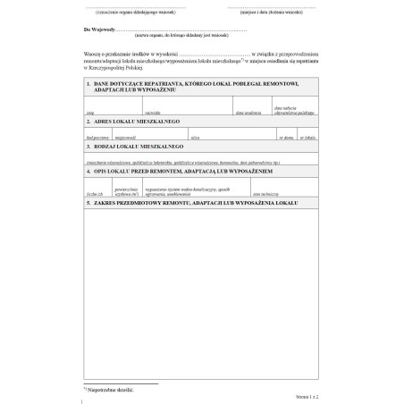 Wniosek o udzielenie dotacji celowej gminie, która przeprowadziła remont lub adaptację lokalu mieszkalnego lub wyposażyła lokal mieszkalny w miejscu osiedlenia się repatrianta w Rzeczypospolitej Polskiej
