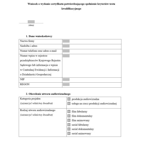 Wniosek o wydanie certyfikatu potwierdzającego spełnienie kryteriów testu kwalifikacyjnego