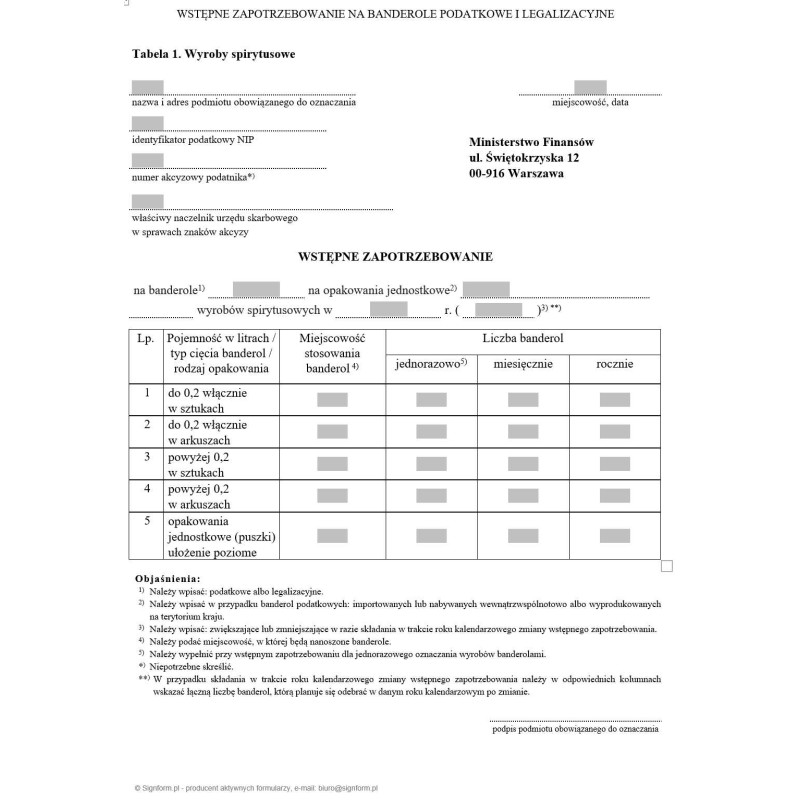 Wstępne zapotrzebowanie na banderole podatkowe i legalizacyjne Wstępne zapotrzebowanie na banderole podatkowe i legalizacyjne