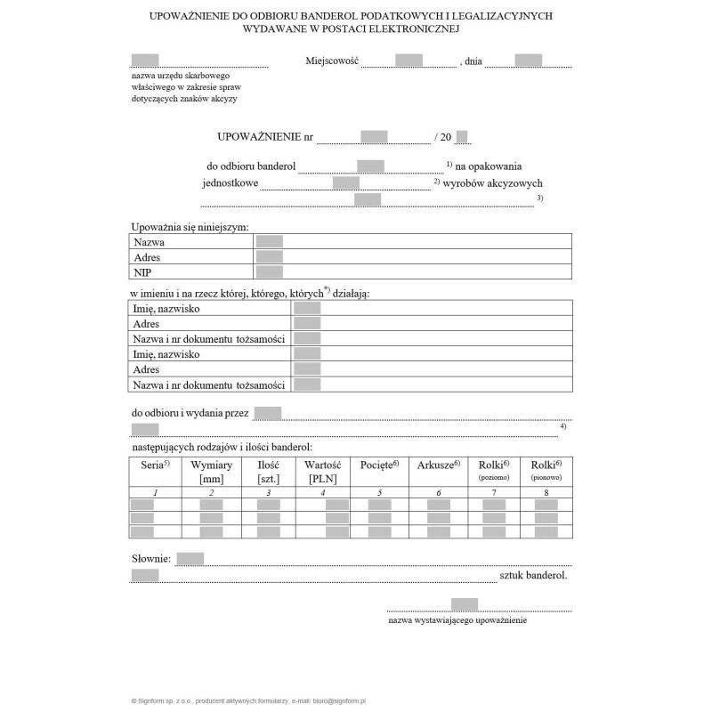 Upoważnienie do odbioru banderol podatkowych i legalizacyjnych wydawane w postaci elektronicznej
