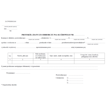 Protokół zdawczo-odbiorczy psa służbowego