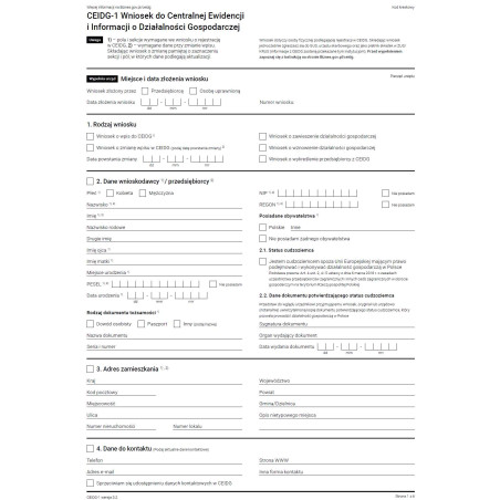 CEIDG-1 Wniosek o wpis do Centralnej Ewidencji i Informacji o Działalności Gospodarczej