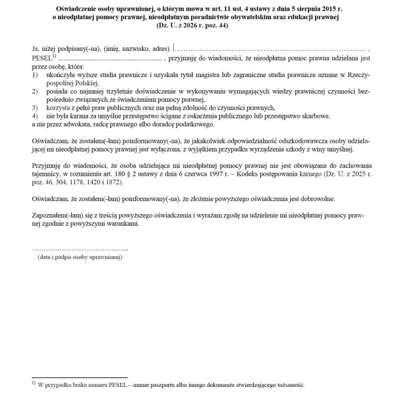 Oświadczenie osoby uprawnionej, o którym mowa w art. 11 ust. 4 ustawy z dnia 5 sierpnia 2015 r. o nieodpłatnej pomocy prawnej, nieodpłatnym poradnictwie obywatelskim oraz edukacji prawnej