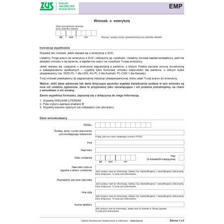 ZUS EMP Wniosek o emeryturę