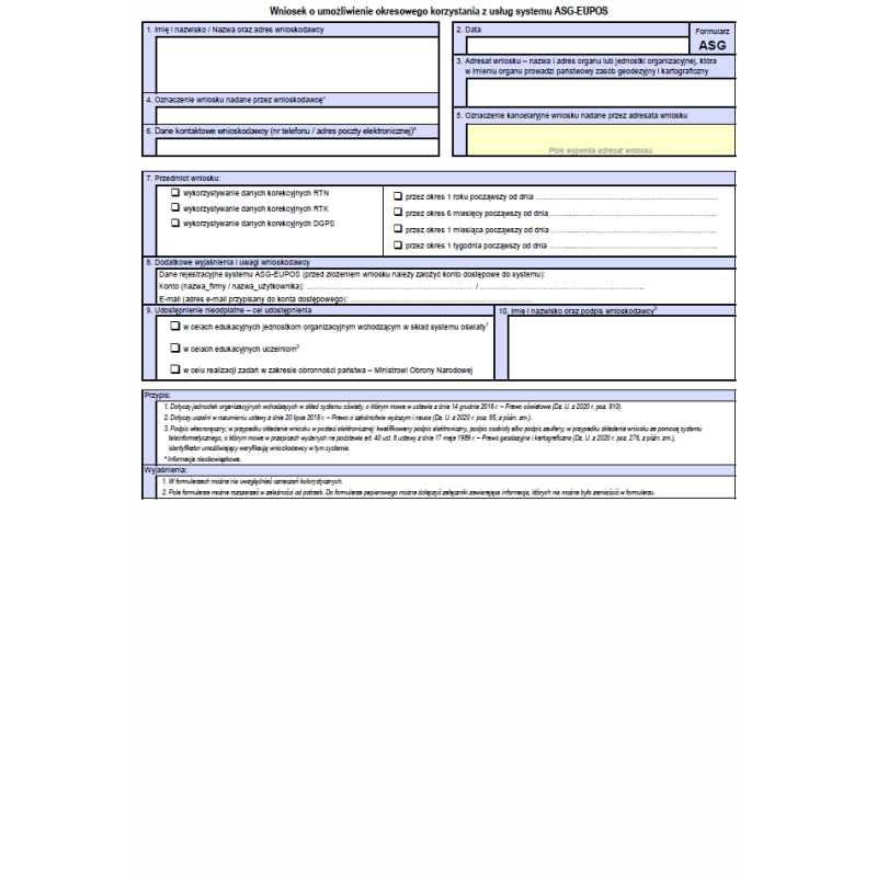 Wniosek o umożliwienie okresowego korzystania z usług systemu "ASG-EUPOS"