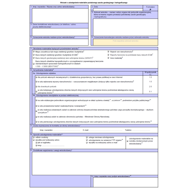 Wniosek o udostępnienie materiałów powiatowego zasobu geodezyjnego i kartograficznego