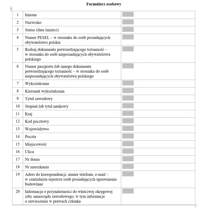 Formularz osobowy (centralny rejestr osób posiadających uprawnienia budowlane)