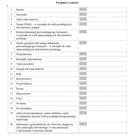 Formularz osobowy (centralny rejestr osób posiadających uprawnienia budowlane)