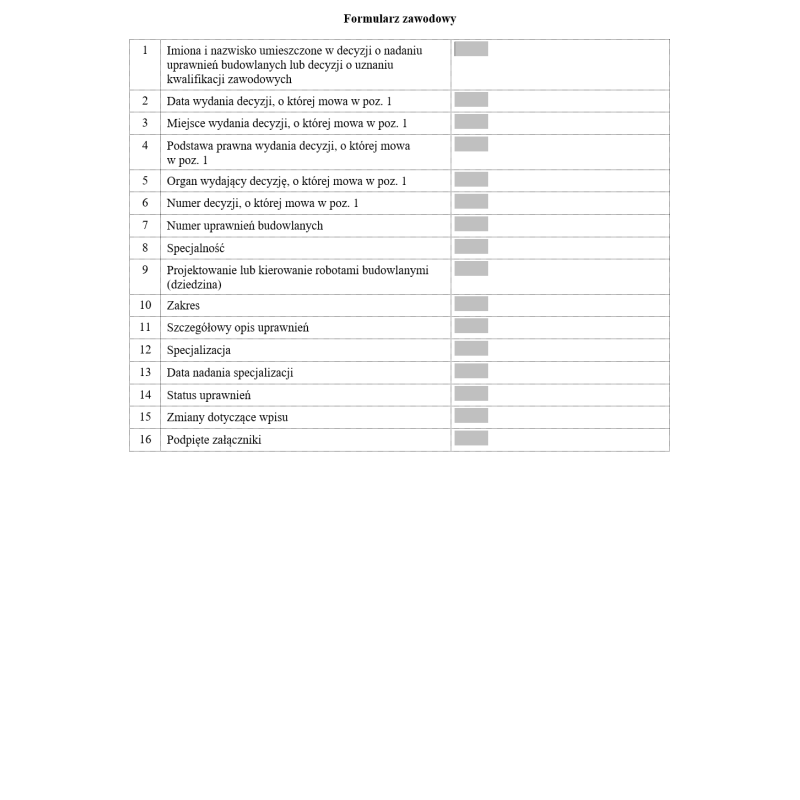 Formularz zawodowy (centralny rejestr osób posiadających uprawnienia budowlane)