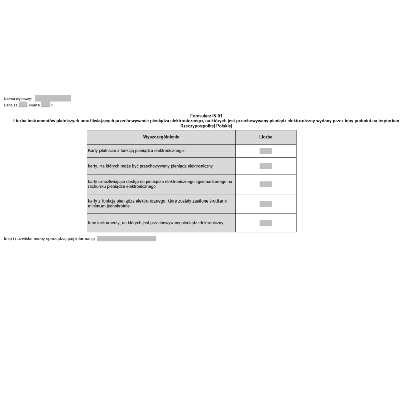 Wzory formularzy - Wydawcy instrumentów płatniczych: informacje dotyczące instrumentów płatniczych, na których jest przechowywany pieniądz elektroniczny wydany przez inny podmiot (formularze: IN.01, IN.02, IN.03, IN.04, IN.05)