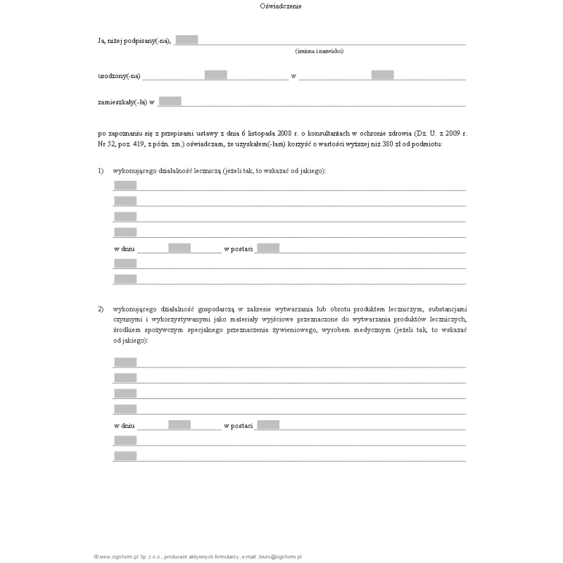 Oświadczenie składane przez konsultanta w ochronie zdrowia (dot. art. 8d ust. 1 ustawy z dnia 6.XI.2008 r.)