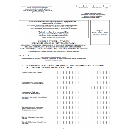 Wniosek o wydanie lub wymianę dokumentu "Zgoda na pobyt tolerowany"