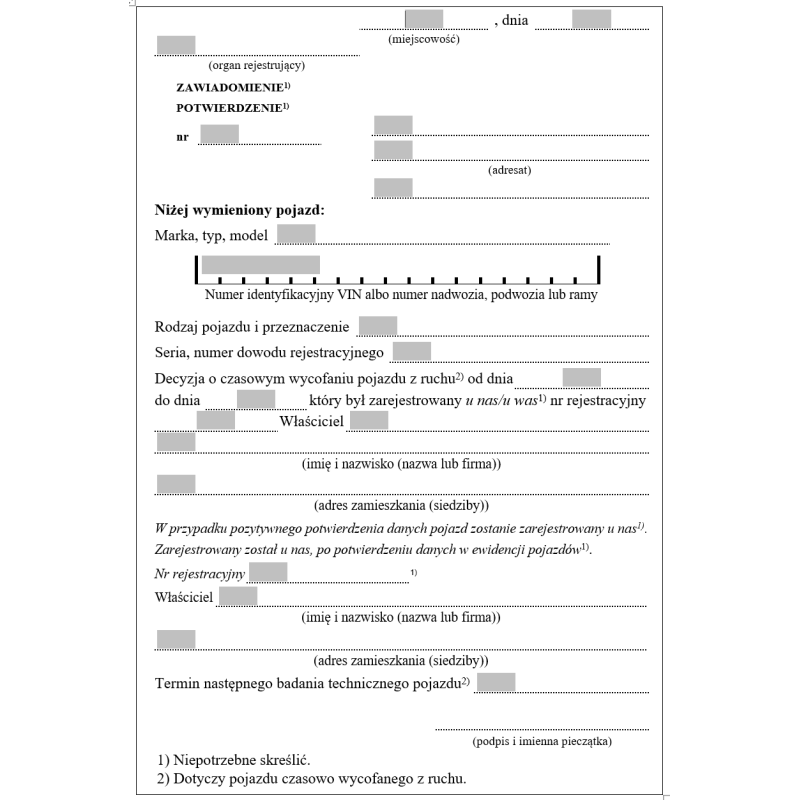 Zawiadomienie - potwierdzenie rejestracji pojazdu