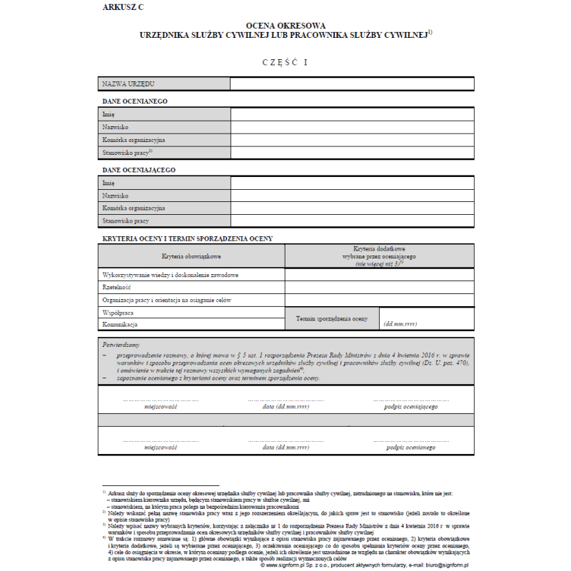 Ocena okresowa urzędnika służby cywilnej lub pracownika służby cywilnej - Arkusz C