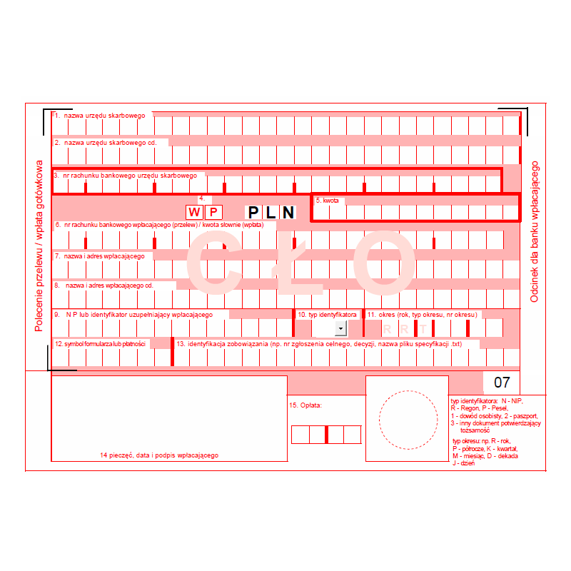 Formularz wpłaty gotówkowej oraz polecenia przelewu na rachunek organu celnego