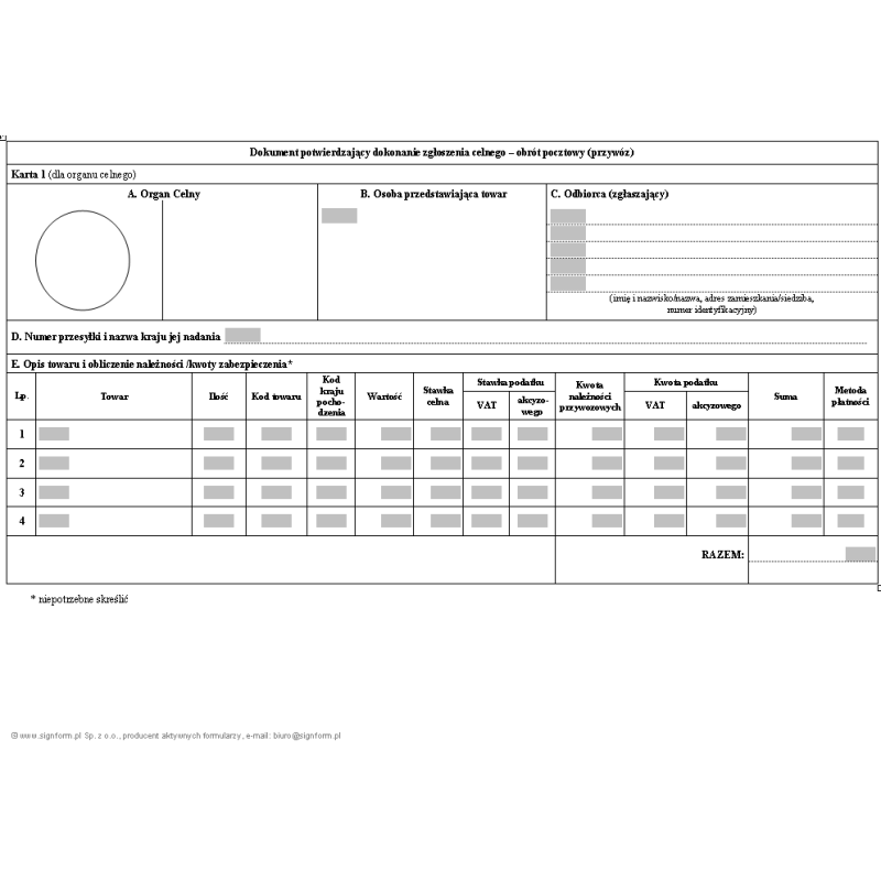 Dokument potwierdzający dokonanie zgłoszenia celnego - obrót pocztowy (przywóz)