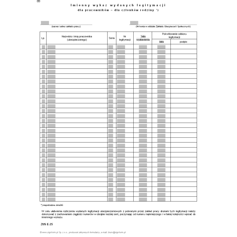 ZUS E-25 Imienny wykaz wydanych legitymacji