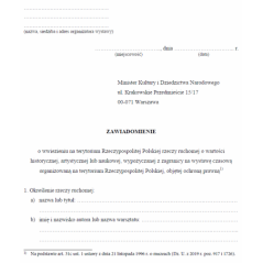 Zawiadomienie o wwiezieniu na terytorium Polski rzeczy ruchomej o wartości historycznej, artystycznej lub naukowej, wypożyczanej z zagranicy na wystawę czasową organizowaną na terytorium Polski, objętej ochroną prawną