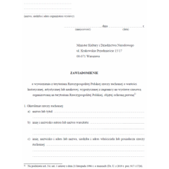 Zawiadomienie o wywiezieniu z terytorium Rzeczypospolitej Polskiej rzeczy ruchomej o wartości historycznej, artystycznej lub naukowej, wypożyczanej z zagranicy na wystawę czasową organizowaną na terytorium Polskiej, objętej ochroną prawną