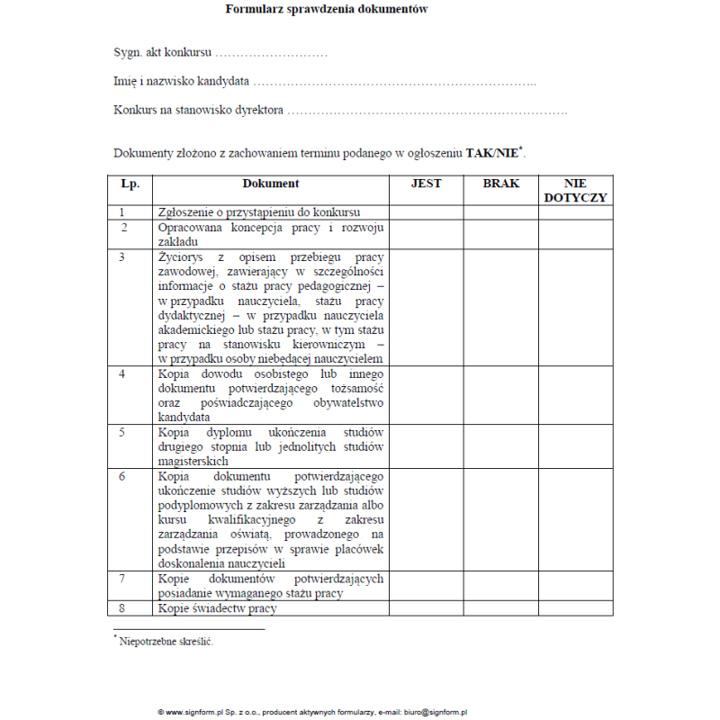 Formularz sprawdzenia dokumentów kandydata na dyrektora zakładu poprawczego, schroniska dla nieletnich