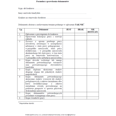 Formularz sprawdzenia dokumentów kandydata na dyrektora zakładu poprawczego, schroniska dla nieletnich