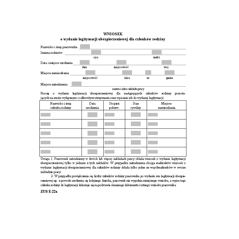 ZUS E-22a Wniosek o wydanie legitymacji ubezpieczeniowej dla członków rodziny