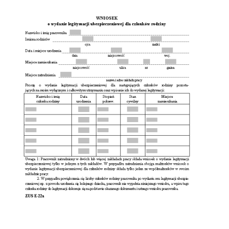 ZUS E-22a Wniosek o wydanie legitymacji ubezpieczeniowej dla członków rodziny