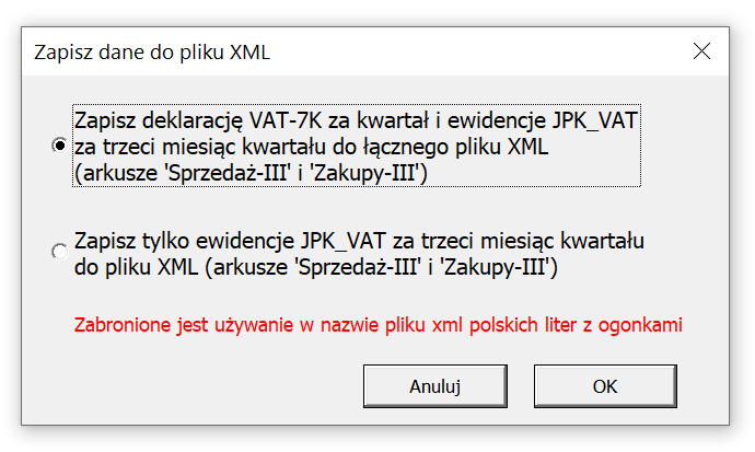 Zapis VAT-7K do XML