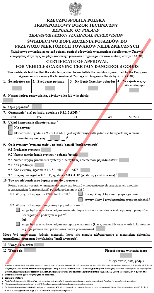 Świadectwo dopuszczenia pojazdów do przewozu niektórych towarów niebezpiecznych