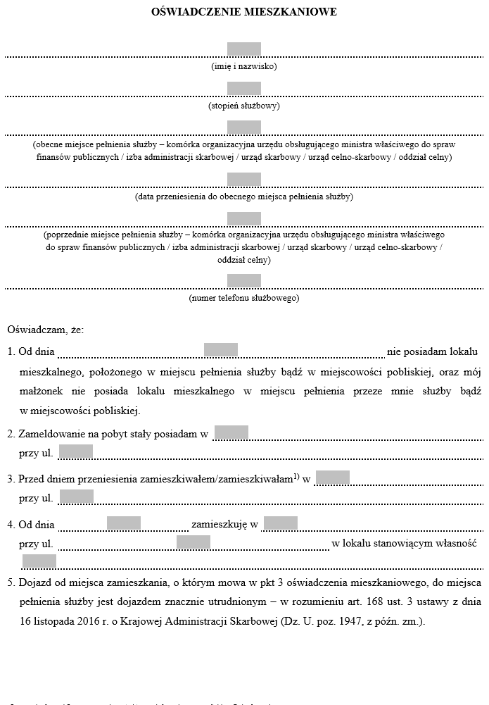 Oświadczenie mieszkaniowe funkcjonariusza celnego pełniącego służbę w innej miejscowości