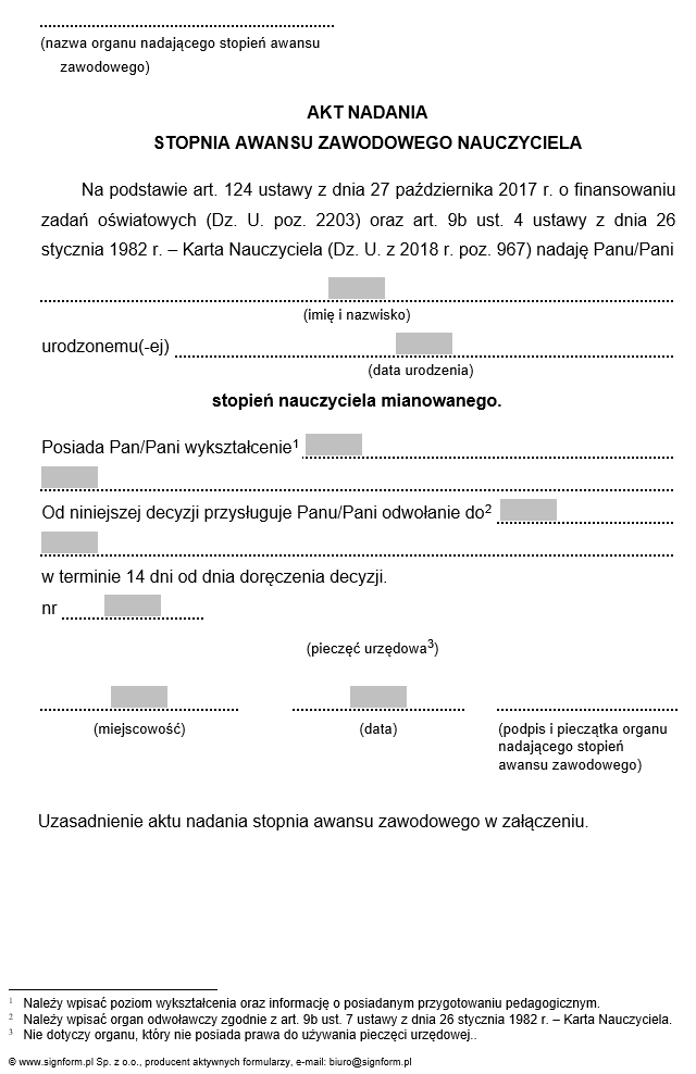 Wzory nadania stopni awansu zawodowego przez nauczycieli