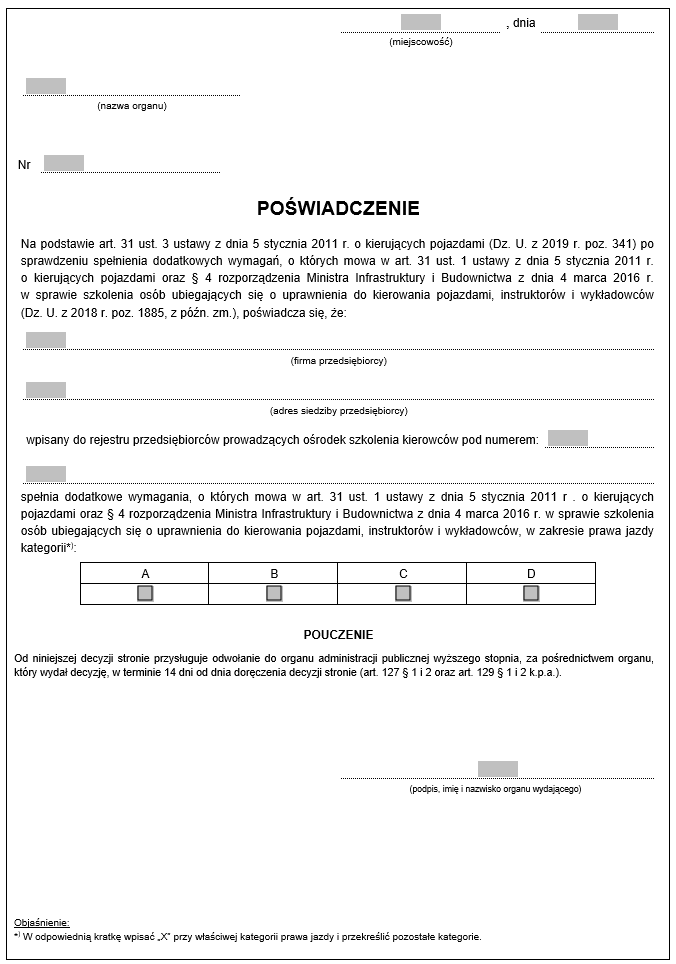 Wzory dokumentów związanych z utworzeniem i działalnością Ośrodka Szkolenia Kierowców