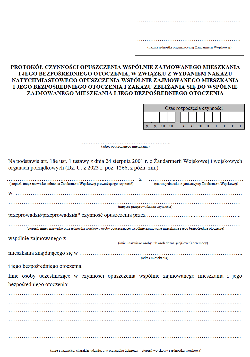 Protokół czynności opuszczenia wspólnie zajmowanego mieszkania i jego bezpośredniego otoczenia, w związku z wydaniem nakazu natychmiastowego opuszczenia wspólnie zajmowanego mieszkania i jego bezpośredniego otoczenia i zakazu zbliżania się do wspólnie zajmowanego mieszkania i jego bezpośredniego otoczenia