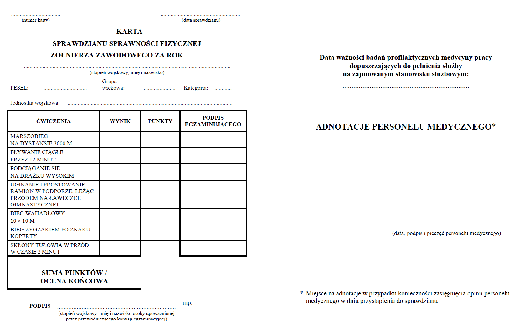 Karta i Zaświadczenie sprawdzianu sprawności fizycznej żołnierza zawodowego